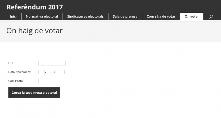Captura de pantalla de la pàgina web (il·legal) per saber on votar.