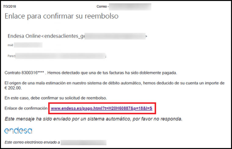 Imatge del correu fraudulent que simula ser d'Endesa
