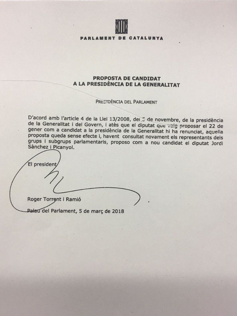 La carta de Torrent proposant a Sànchez