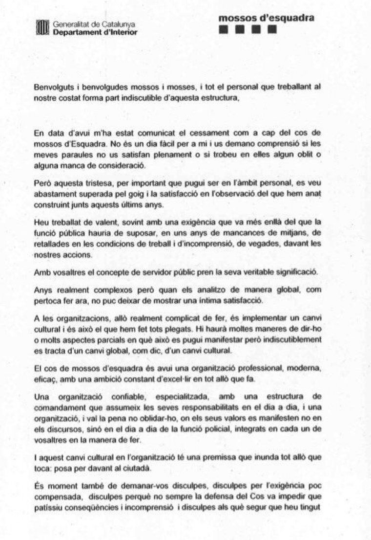 La carta que el major dels Mossos ha fet arribar als agents del cos.